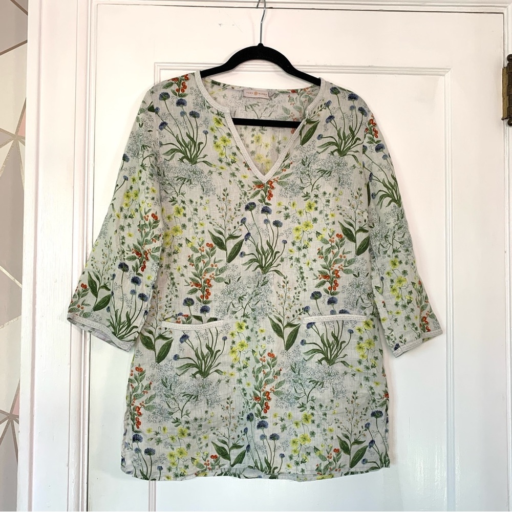 Tory Burch Botanical Print Linen Tunic Top Swim Coverup Medium Floral Beach